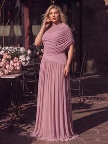 Glamrae Plus Size Elegant Minimalist Lotus Pink Elastic Mesh Stand Collar Ruched One Shoulder Draped Neck Slim Fit A-Line Dress, Suitable For Evening Party Date Ball Vacation Wedding Event Bridesmaid - Dusty Pink - View 3