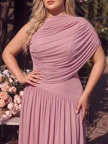Glamrae Plus Size Elegant Minimalist Lotus Pink Elastic Mesh Stand Collar Ruched One Shoulder Draped Neck Slim Fit A-Line Dress, Suitable For Evening Party Date Ball Vacation Wedding Event Bridesmaid - Dusty Pink - View 4