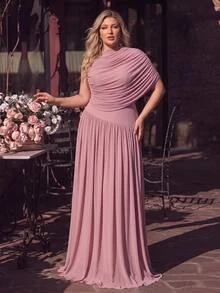 Glamrae Plus Size Elegant Minimalist Lotus Pink Elastic Mesh Stand Collar Ruched One Shoulder Draped Neck Slim Fit A-Line Dress, Suitable For Evening Party Date Ball Vacation Wedding Event Bridesmaid - Dusty Pink - View 6