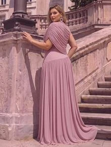 Glamrae Plus Size Elegant Minimalist Lotus Pink Elastic Mesh Stand Collar Ruched One Shoulder Draped Neck Slim Fit A-Line Dress, Suitable For Evening Party Date Ball Vacation Wedding Event Bridesmaid - Dusty Pink - View 2
