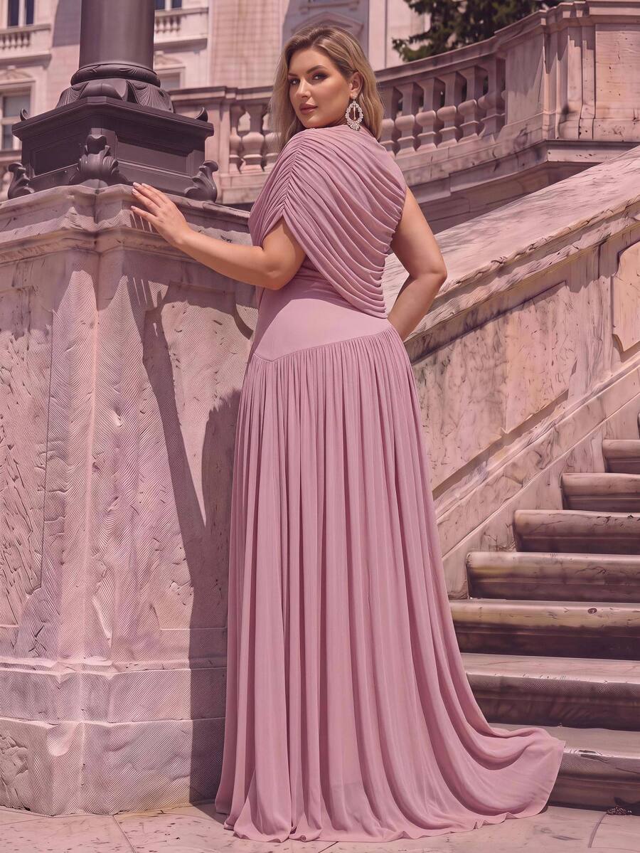 Glamrae Plus Size Elegant Minimalist Lotus Pink Elastic Mesh Stand Collar Ruched One Shoulder Draped Neck Slim Fit A-Line Dress, Suitable For Evening Party Date Ball Vacation Wedding Event Bridesmaid