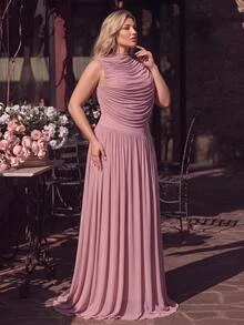 Glamrae Plus Size Elegant Minimalist Lotus Pink Elastic Mesh Stand Collar Ruched One Shoulder Draped Neck Slim Fit A-Line Dress, Suitable For Evening Party Date Ball Vacation Wedding Event Bridesmaid - Dusty Pink - View 7