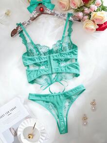 SHEIN Sexy Sheer Embroidered 2-Piece Set - Mint Green - View 2