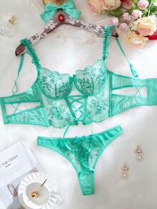 SHEIN Sexy Sheer Embroidered 2-Piece Set - Mint Green - View 1
