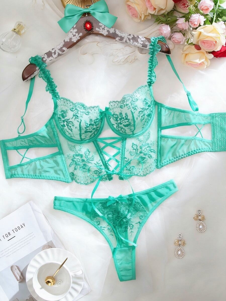 SHEIN Sexy Sheer Embroidered 2-Piece Set - Mint Green - View 1