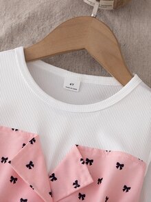Young Girl) Top With Color-Block Design, Grey Bow Print, Lapel Collar And Button Front, Paired With Matching Fabric Belt And Flared Pants, Perfect For Spring And Autumn, Suitable For Early Autumn Cool Weather And Spring Outings, Ideal For Daily School, Park Play And Gatherings - Pink - View 4