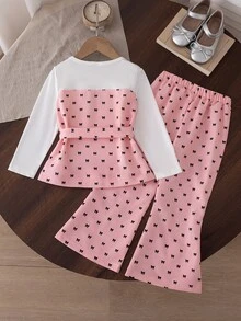 Young Girl) Top With Color-Block Design, Grey Bow Print, Lapel Collar And Button Front, Paired With Matching Fabric Belt And Flared Pants, Perfect For Spring And Autumn, Suitable For Early Autumn Cool Weather And Spring Outings, Ideal For Daily School, Park Play And Gatherings - Pink - View 2