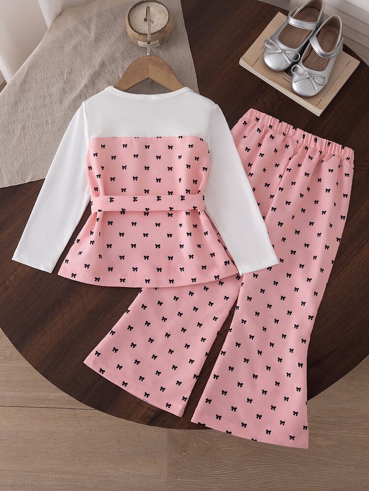 Young Girl) Top With Color-Block Design, Grey Bow Print, Lapel Collar And Button Front, Paired With Matching Fabric Belt And Flared Pants, Perfect For Spring And Autumn, Suitable For Early Autumn Cool Weather And Spring Outings, Ideal For Daily School, Park Play And Gatherings - Pink - View 2
