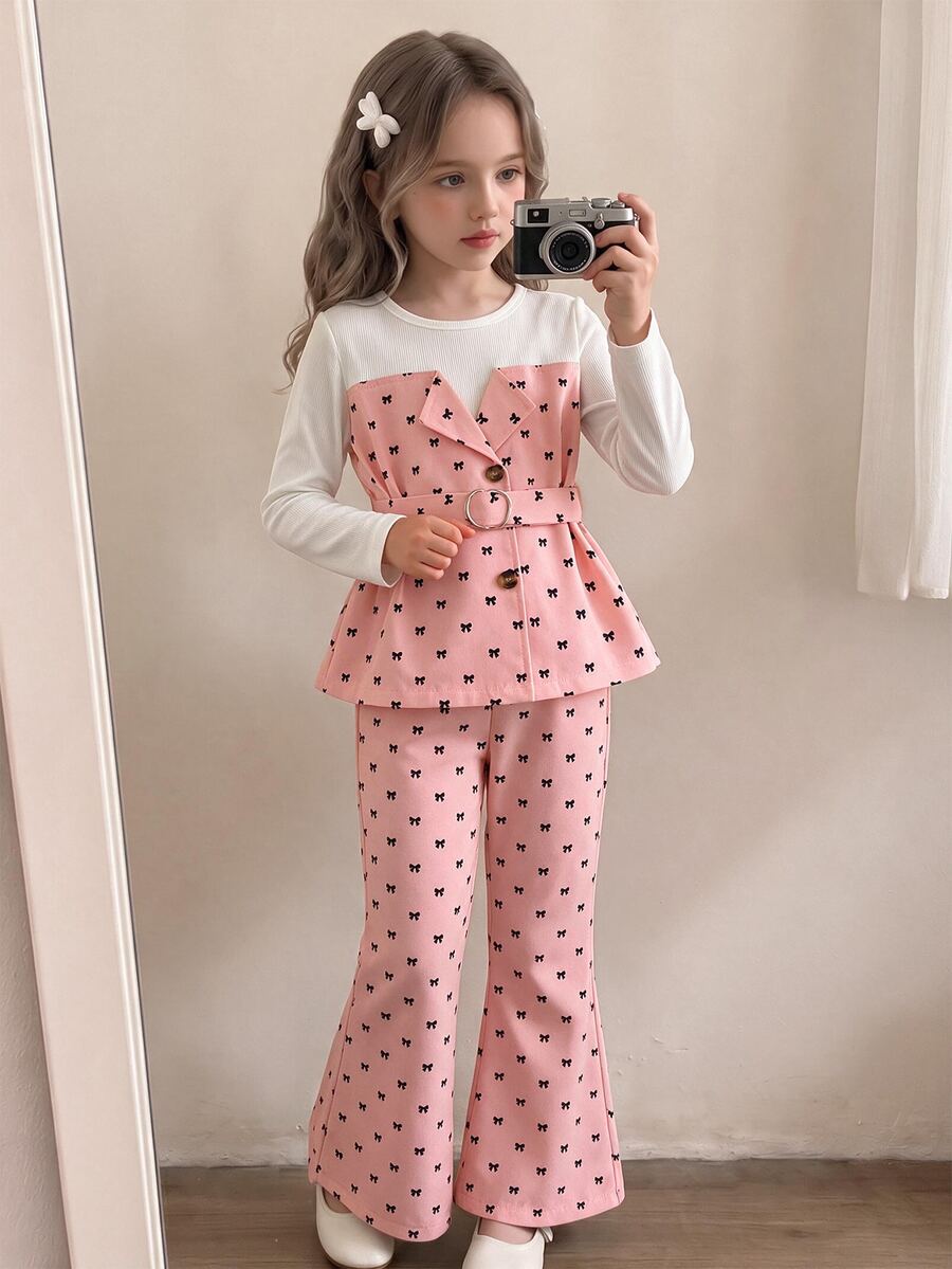 Young Girl) Top With Color-Block Design, Grey Bow Print, Lapel Collar And Button Front, Paired With Matching Fabric Belt And Flared Pants, Perfect For Spring And Autumn, Suitable For Early Autumn Cool Weather And Spring Outings, Ideal For Daily School, Park Play And Gatherings - Pink - View 1