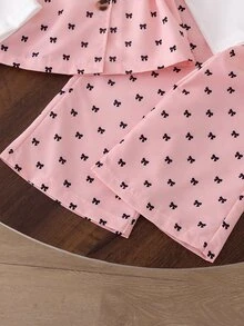 Young Girl) Top With Color-Block Design, Grey Bow Print, Lapel Collar And Button Front, Paired With Matching Fabric Belt And Flared Pants, Perfect For Spring And Autumn, Suitable For Early Autumn Cool Weather And Spring Outings, Ideal For Daily School, Park Play And Gatherings - Pink - View 3