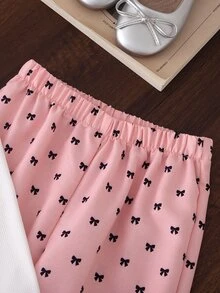 Young Girl) Top With Color-Block Design, Grey Bow Print, Lapel Collar And Button Front, Paired With Matching Fabric Belt And Flared Pants, Perfect For Spring And Autumn, Suitable For Early Autumn Cool Weather And Spring Outings, Ideal For Daily School, Park Play And Gatherings - Pink - View 6