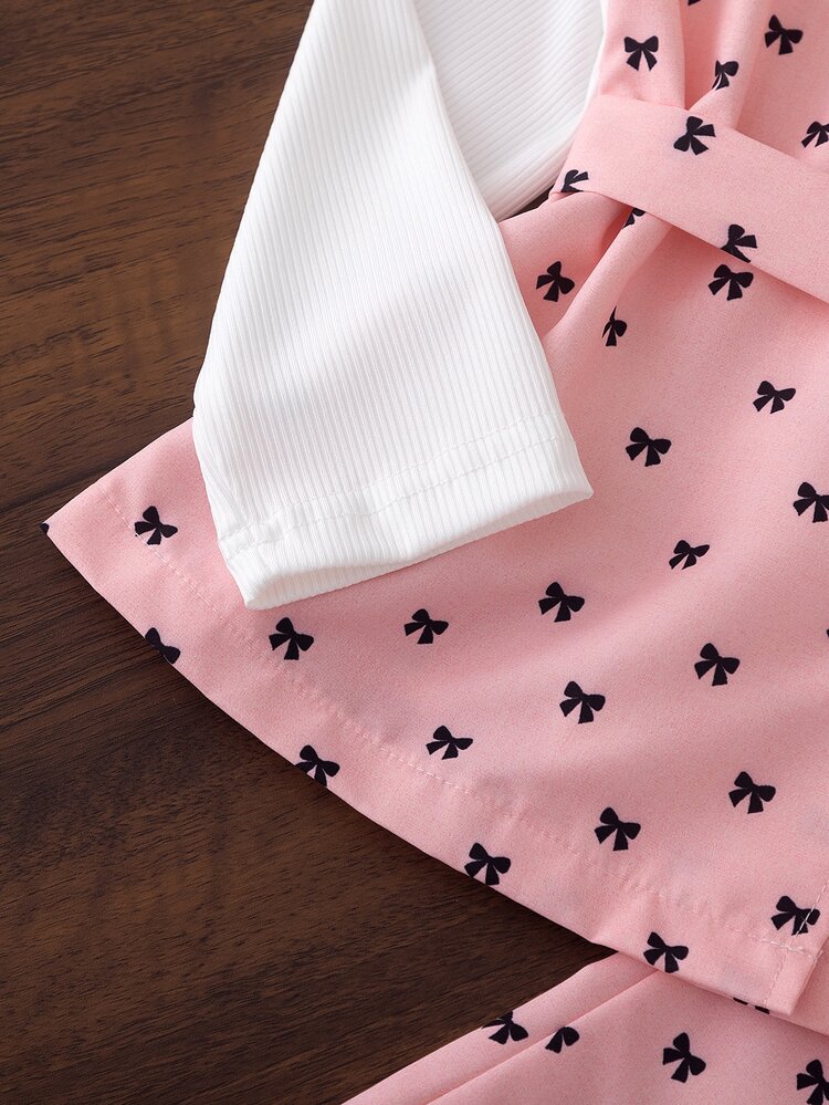 Young Girl) Top With Color-Block Design, Grey Bow Print, Lapel Collar And Button Front, Paired With Matching Fabric Belt And Flared Pants, Perfect For Spring And Autumn, Suitable For Early Autumn Cool Weather And Spring Outings, Ideal For Daily School, Park Play And Gatherings - Pink - View 5