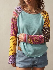 Bohemela 休閒復古波西米亞風純色針織圓領女款T恤 度假輕盈綠波點款 秋冬日常旅行穿搭 - 彩色 - 查看 6