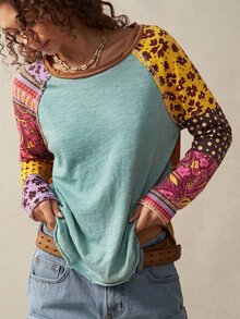 Bohemela 休閒復古波西米亞風純色針織圓領女款T恤 度假輕盈綠波點款 秋冬日常旅行穿搭 - 彩色 - 查看 2