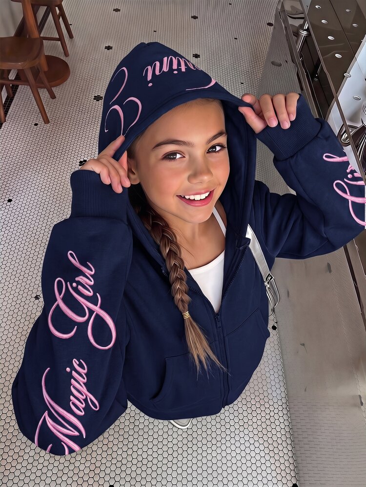 SHEIN Kids Tween Girl Loose Casual Minimalist Comfortable Daily Streetwear Pink Letter Embroidery Hooded Fitted Pocket Zipper Front Short Long Sleeve Sweatshirt Jacket Gray Back To School Outfit - Blue - View 1