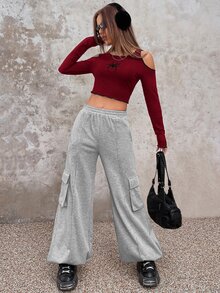 SHEIN ICON Y2k Red Spider Embroidery Cold Shoulder Lettuce Trim Crop Tee - Burgundy - View 4