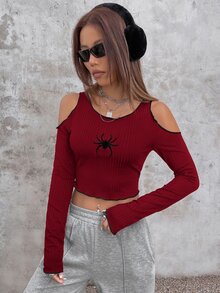 SHEIN ICON Y2k Red Spider Embroidery Cold Shoulder Lettuce Trim Crop Tee - Burgundy - View 5