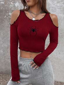 SHEIN ICON Y2k Red Spider Embroidery Cold Shoulder Lettuce Trim Crop Tee - Burgundy - View 1