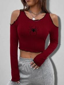 SHEIN ICON Y2k Red Spider Embroidery Cold Shoulder Lettuce Trim Crop Tee - Burgundy - View 3