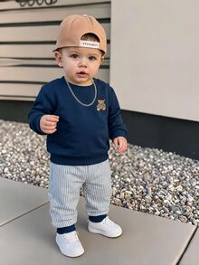 2pcs Toddler Boy Sweatshirt Pants Preppy Navy Bear Embroidery Striped Ribbed Long Sleeve Round Neck Daily Party Fall Pull Pullover Sets Clothes Thick - Royal Blue - View 3