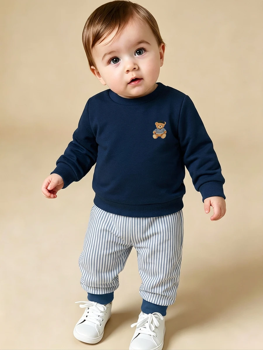 2pcs Toddler Boy Sweatshirt Pants Preppy Navy Bear Embroidery Striped Ribbed Long Sleeve Round Neck Daily Party Fall Pull Pullover Sets Clothes Thick - Royal Blue - View 1