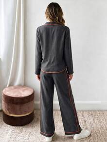 Louniche Women's Autumn/Winter Casual Daily Street Style Basic Matching Set, Regular Fit Long Sleeve Contrast Trim Shirt And Straight Leg Contrast Trim Pants, 2 Pieces Set - Grey - View 2