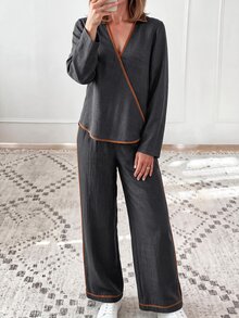 Louniche Women's Autumn/Winter Casual Daily Street Style Basic Matching Set, Regular Fit Long Sleeve Contrast Trim Shirt And Straight Leg Contrast Trim Pants, 2 Pieces Set - Grey - View 7