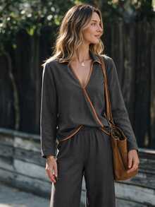 Louniche Women's Autumn/Winter Casual Daily Street Style Basic Matching Set, Regular Fit Long Sleeve Contrast Trim Shirt And Straight Leg Contrast Trim Pants, 2 Pieces Set - Grey - View 4