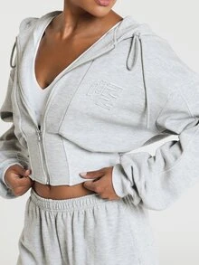 11SKNDS Sweatshirt Crop dengan Resleting, Potongan Kasual Athleisure Oversized, Tudung Bertali, Lengan Balon Panjang, Logo Bordir, Hem Bergaris, Warna Abu-abu untuk Gym dan Perjalanan - Grey - View 1