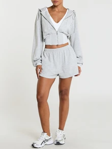 11SKNDS Sweatshirt Crop dengan Resleting, Potongan Kasual Athleisure Oversized, Tudung Bertali, Lengan Balon Panjang, Logo Bordir, Hem Bergaris, Warna Abu-abu untuk Gym dan Perjalanan - Grey - View 4