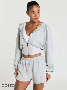 11SKNDS Sweatshirt Crop dengan Resleting, Potongan Kasual Athleisure Oversized, Tudung Bertali, Lengan Balon Panjang, Logo Bordir, Hem Bergaris, Warna Abu-abu untuk Gym dan Perjalanan - Grey - View 3
