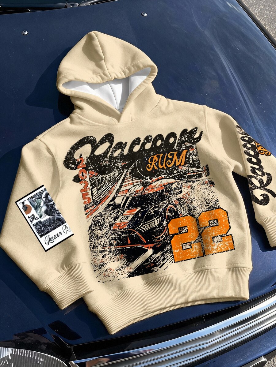 Kids Young Boy Hooded Long Sleeve Sweatshirt, Classic Cool Handsome Vintage Graphic Print, Classic 32 Text Graphic Print, Suitable For Autumn/Winter - Multicolor - View 1