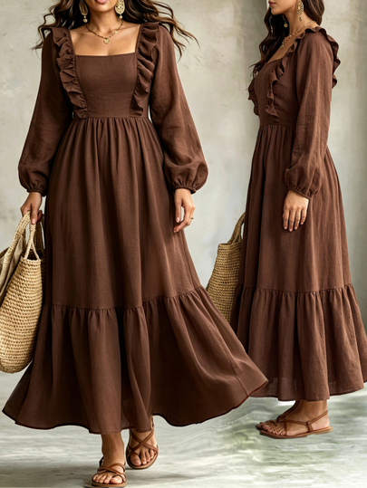 Linhara CURVE Women's Plus Size Square Neck Ruffle Trim Long Sleeve Cinched Waist Shirred Back Gathered Full Skirt Casual Vacation Dress Fall