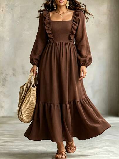 Linhara CURVE Women's Plus Size Square Neck Ruffle Trim Long Sleeve Cinched Waist Shirred Back Gathered Full Skirt Casual Vacation Dress Fall