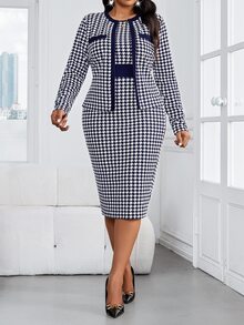SHEIN Lady 大尺碼女款千鳥格圓領洋裝與開襟衫時尚商務休閒優雅兩件套 辦公正式白色秋季 - 藍白色 - 查看 3