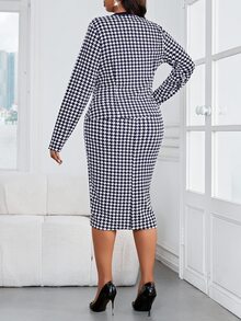 SHEIN Lady 大尺碼女款千鳥格圓領洋裝與開襟衫時尚商務休閒優雅兩件套 辦公正式白色秋季 - 藍白色 - 查看 2