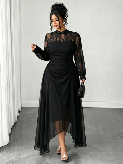 shein plus size black dress | Fashion PLUS SIZE BLACK DRESS Fitted Medium Stretch All Trends_patent Engagement Dresses Black - Color:Black Knit Rib