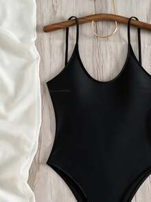 Swim Basics Summer Beach Tie Back High Leg One Piece Swimsuit - Black - View 5