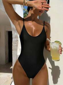Swim Basics Summer Beach Tie Back High Leg One Piece Swimsuit - Black - View 3