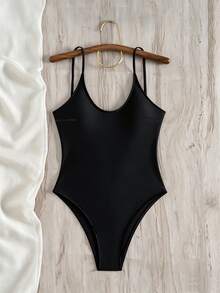 Swim Basics Summer Beach Tie Back High Leg One Piece Swimsuit - Black - View 4