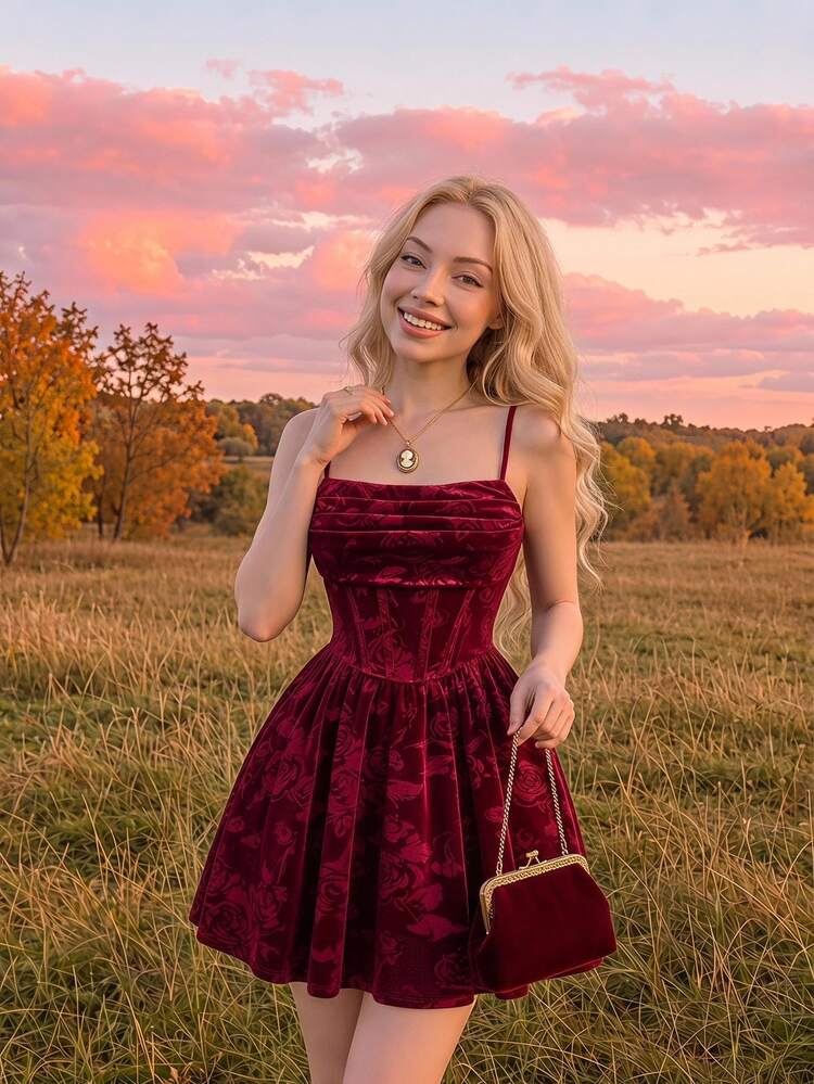 SHEIN MOD Elegant Burgundy Velvet Spaghetti Strap Dress,Autumn Ruched Waist Flare Red Party Dress For Women,Dining,Holiday,Retro Wedding Guest & Prom Outfits - Red - View 1