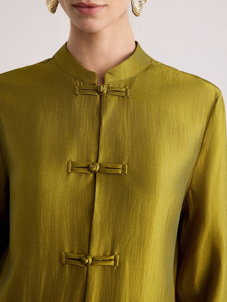 Aveloria Modichic Jaket Satin Kuning Mustard Gaya Cina Baru dengan Kerah Tegak dan Kancing Katak, Jaket Jas Zen Tang Vintage - Mustard Yellow - View 1