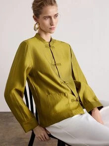 Aveloria Modichic Jaket Satin Kuning Mustard Gaya Cina Baru dengan Kerah Tegak dan Kancing Katak, Jaket Jas Zen Tang Vintage - Mustard Yellow - View 4