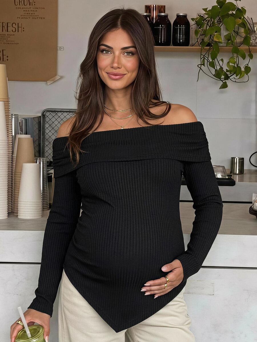 SHEIN Maternity Minimalist Asymmetrical Hem Off-Shoulder T-Shirt - Black - View 1