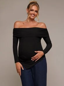 SHEIN Maternity Minimalist Asymmetrical Hem Off-Shoulder T-Shirt - Black - View 3