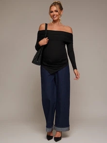 SHEIN Maternity Minimalist Asymmetrical Hem Off-Shoulder T-Shirt - Black - View 5