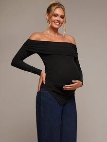 SHEIN Maternity Minimalist Asymmetrical Hem Off-Shoulder T-Shirt - Black - View 9