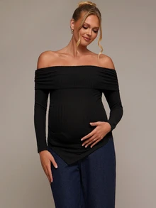 SHEIN Maternity Minimalist Asymmetrical Hem Off-Shoulder T-Shirt - Black - View 7
