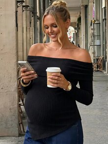 SHEIN Maternity Minimalist Asymmetrical Hem Off-Shoulder T-Shirt - Black - View 10