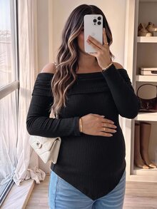 SHEIN Maternity Minimalist Asymmetrical Hem Off-Shoulder T-Shirt - Black - View 2